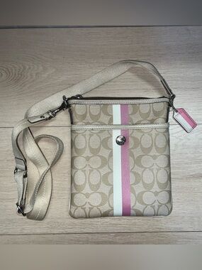 Coach Signature Canvas File Crossbody Bag Khaki Pink Stripe Adjustable Strap